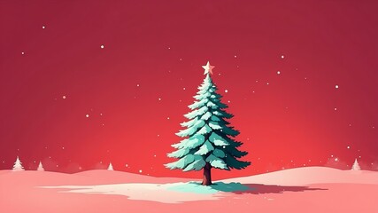 Fototapeta premium Christmas fir tree isolated on a red background with space for text. Watercolor style