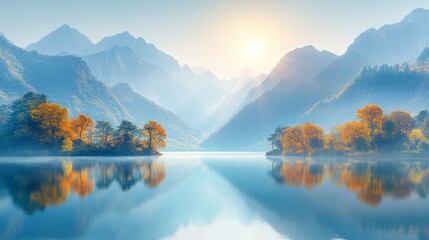 Serene mountain lake with autumn foliage reflected in the water, bathed in soft, golden sunlight.
