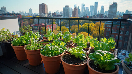 Fototapeta premium Balcony vegetable garden. A vibrant balcony garden showcases leafy greens in terracotta pots, with a stunning city skyline in the background.