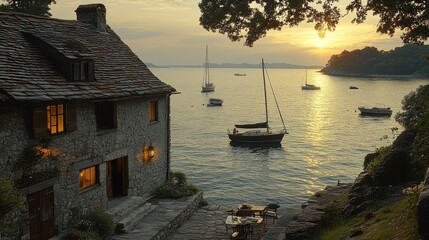 Fototapeta premium Stone cottage on the coast with boats and sunset.
