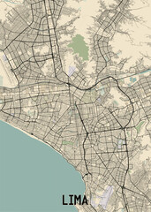 The image showcases a detailed map of Lima, Peru. The map is rendered in a minimalist style with a beige background and black lines representing streets and roads.