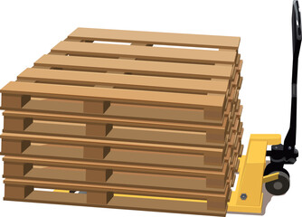 Yellow hydraulic pallet truck trolley and stack of wooden pallets. Vector illustration isolated on white