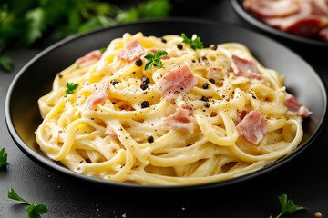 A white plate filled with carbonara with creamy strands of spaghetti glistening , with grated Pecorino Romano sprinkled across  and egg yolks visible in the center
