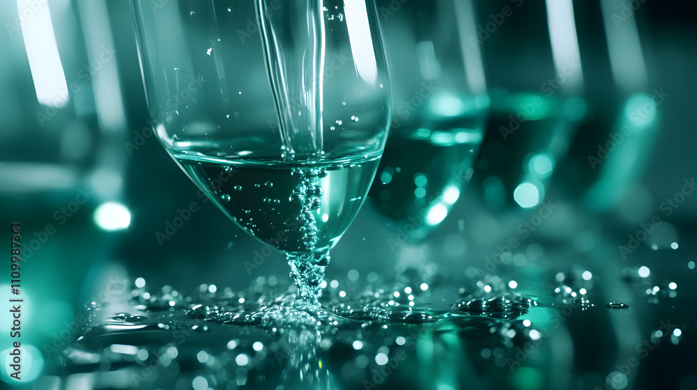 Poster A close-up of glasses filled with water, capturing the dynamic movement of water droplets and reflections, creating a serene and refreshing atmosphere