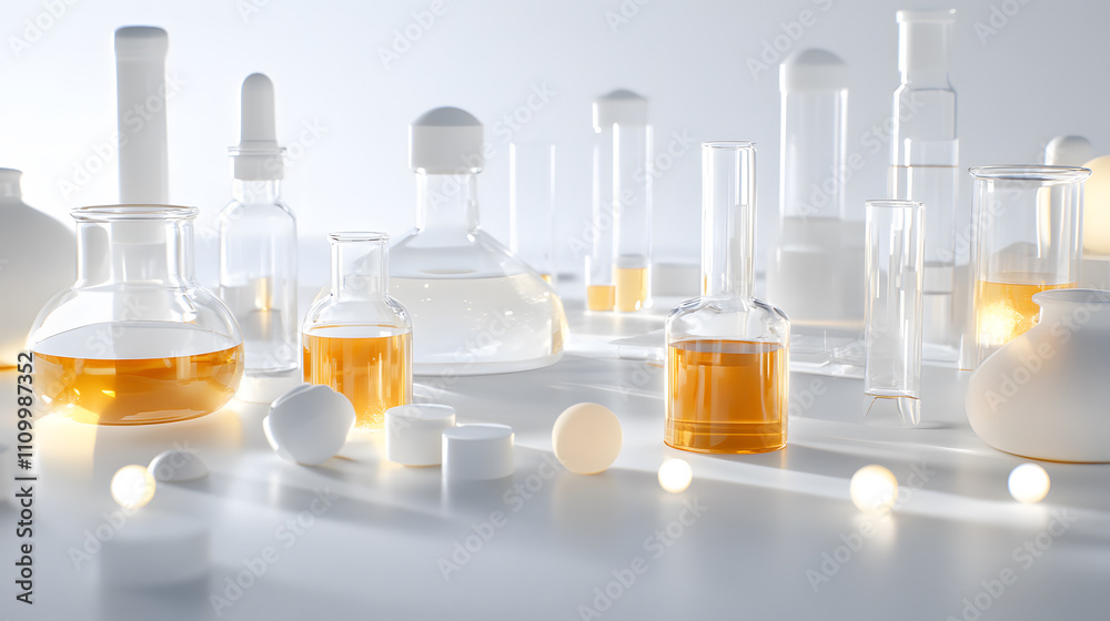 Poster a collection of laboratory glassware filled with colorful liquids, set against a soft, light backgro