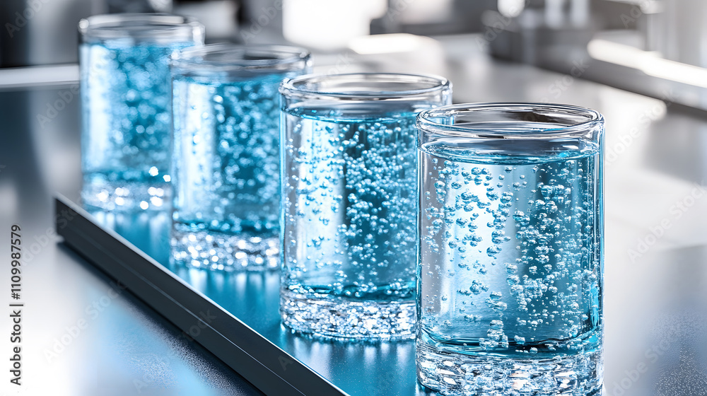 Aufkleber Clear glasses filled with sparkling blue water, arranged neatly on a tray, creating a refreshing and vibrant display