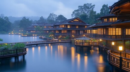 Fototapeta premium Traditional Asian style resort with wooden walkways and buildings lit up at dusk along a still lake with mist in the background.