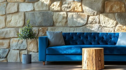 Luxurious Blue Velvet Sofa Against a Stone Wall with a Wooden Stump Side Table and Greenery