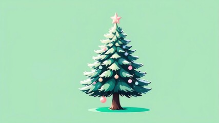 Christmas fir tree isolated on a green background with space for text. Digital painting style
