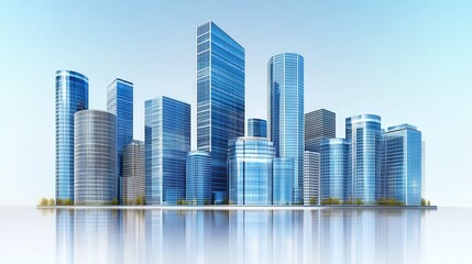 Obraz premium Modern city skyline with skyscrapers reflecting on calm water. Ideal for real estate, urban development, and business presentations.