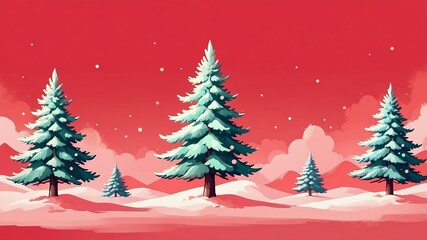 Obraz premium Christmas fir tree isolated on a red background with space for text. Digital painting style