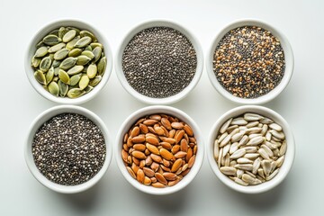 Six bowls of various seeds: pumpkin, chia, sesame, flax, and sunflower. Perfect for healthy eating, nutrition, or ingredient concepts.