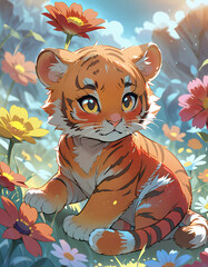 A little tiger cub resting in a sunny meadow surrounded by colorful flowers.