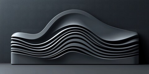 Abstract black parametric wavy shape on a dark background, representing modern art, futuristic design, and architectural innovation