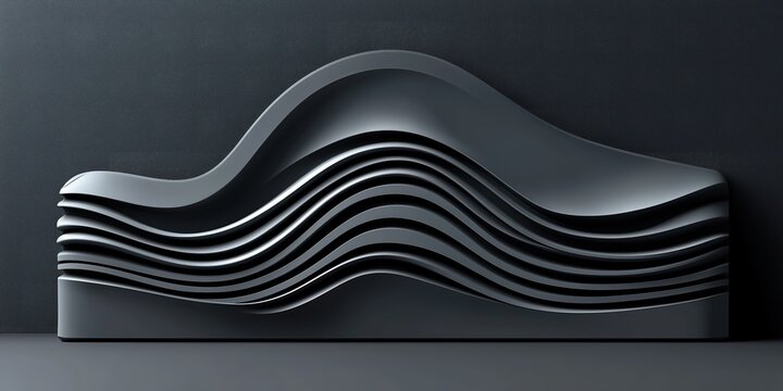 Abstract black parametric wavy shape on a dark background, representing modern art, futuristic design, and architectural innovation