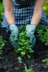  Young gardener planting spicy herbs in a home vegetable garden outdoors