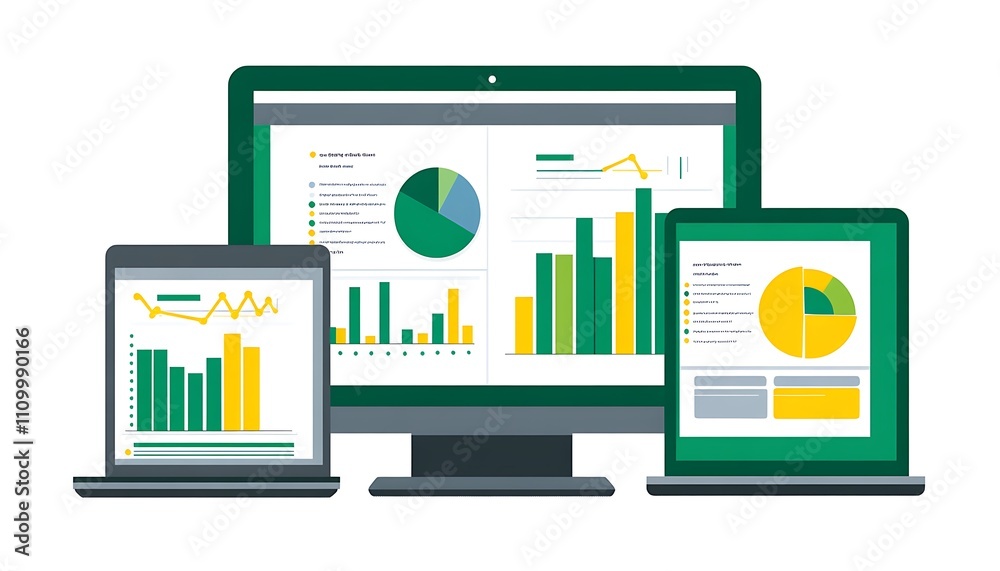 Poster Three devices displaying various graphs and charts for data analysis.