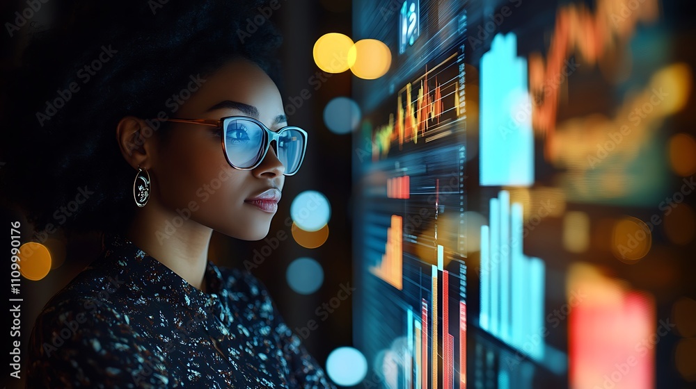 Poster a focused woman analyzing data on a digital screen with graphs and statistics.