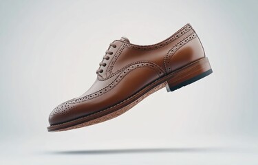 A formal brown leather brogue shoe with elegant perforations, displayed side on over a clean white surface to emphasize its classic appeal, isolated on clear white background.