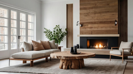 A wooden table, cozy sofa, and a rustic wood-paneled fireplace wall create an inviting, timeless atmosphere in the home.