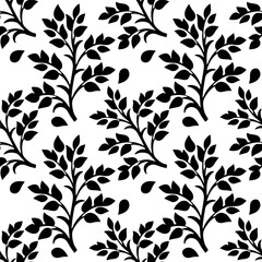 Black leafy branches seamless pattern on a crisp white background, perfect for textile, wallpaper, or graphic design projects