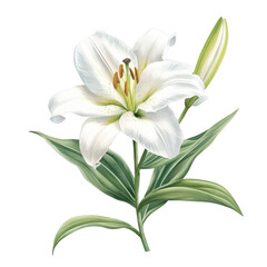 Fototapeta premium A beautiful white lily flower showcasing delicate petals and vibrant green leaves. This image captures the elegance and purity of nature.