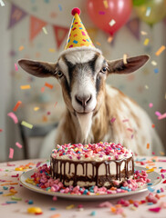 A goat on top of a table at a birthday party, wearing a party hat and eating cake straight from the plate, confetti all around.
