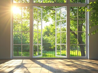 A glass window frame with two doors opening outward reveals the shining sun and green trees outside capturing a summer style