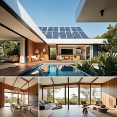 Fototapeta premium Imagine stepping into a modern, sustainable home that seamlessly blends style with eco-friendliness. Describe the exterior and interior features of this contemporary house, highlighting the use of sol