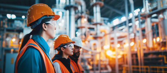 Group of engineers in uniform and glasses at background of workflow. Diversity of proffesions.