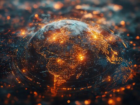 Futuristic Holographic Globe Showcasing Environmental Data and Green Energy Solutions