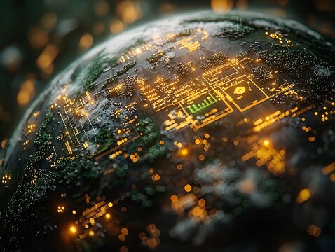 Futuristic Holographic Earth Map Visualizing Environmental Data and Green Energy Solutions - Powered by Adobe