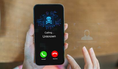 Phone scam alert with hacker and scammer calling unknown number, cybercrime, data theft, phishing...