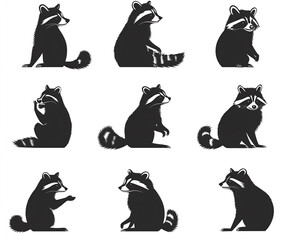 Silhouette raccoon icons, a simple vector set on a white background