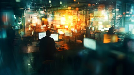 Fototapeta premium Busy open workspace with motion blur and lighting