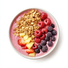 A refreshing fruit smoothie bowl with granola and fresh berries, isolated white background,...