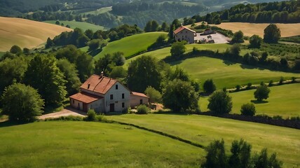 Serene countryside with rolling hills and a cozy farmhouse.