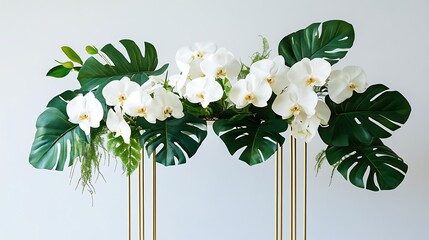 Elegant white orchid and tropical leaf centerpiece on gold stands against a light gray background.
