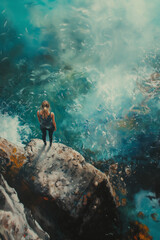 Woman standing on the edge of a rock, gazing out at the ocean