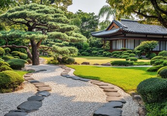 Obraz premium Serene Japanese Garden with Lush Greenery, Carefully Landscaped Stone Pathway, Tranquil Pond Reflections, and Traditional Architecture Under Clear Blue Sky