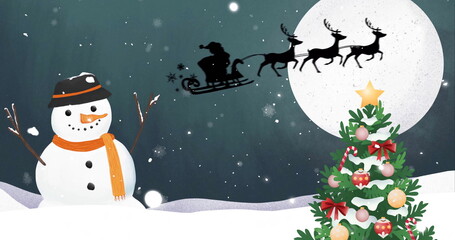 Image of snow falling over santa claus in sleigh and winter scenery