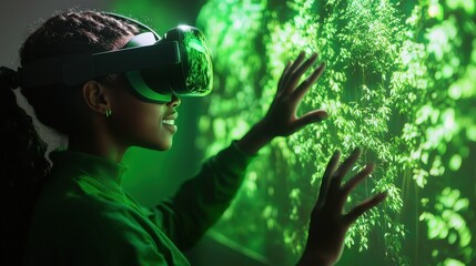 Young woman wearing virtual reality headset exploring a vibrant green digital forest environment