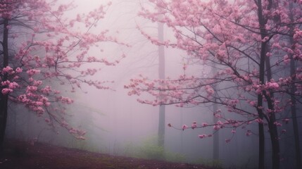 Pink Blossoms in a Misty Forest