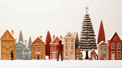 Obraz premium Person looking at single family home decorated for Christmas, a condo, and a townhouse, minimal, clay, 3D, holiday colors, white background ~ Created using Generative AI
