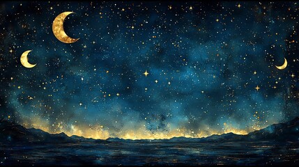Enchanting Celestial Night Sky with Gold Framed Glowing Stars and Moons