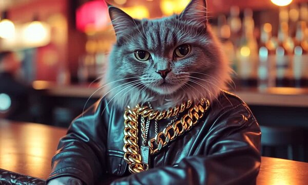 Cool Cat in the City: A grey cat with a serious expression, dressed in a stylish black leather jacket and a chunky gold chain, sits at a bar counter with a confident swagger. The dimly lit.