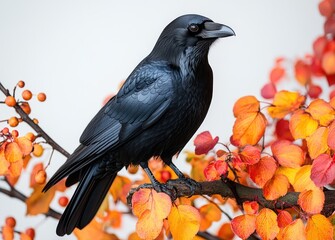 Obraz premium Raven Perched on Autumn Branch