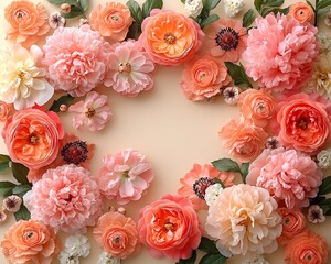 Soft Pastel Floral Wreath with Peonies and Roses on Beige Background for Elegant Romantic Design