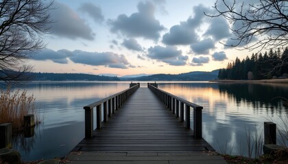 A serene pier at sunset with calm waters and mountains in the background