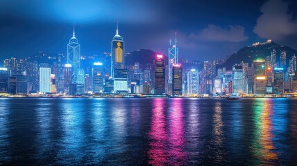 A city skyline is reflected in the water